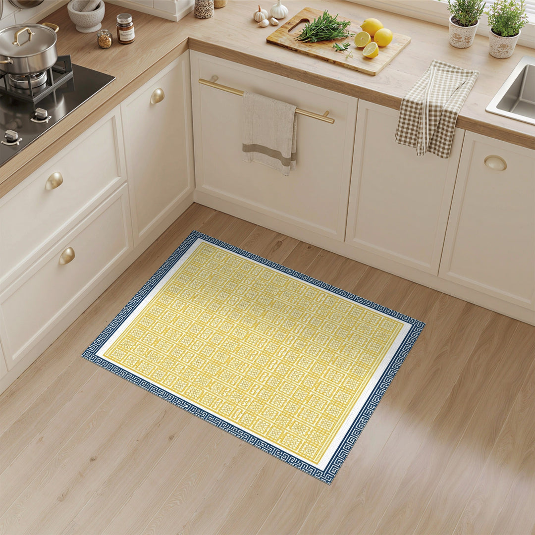 Yellow Geometric Area Rug with Blue Border