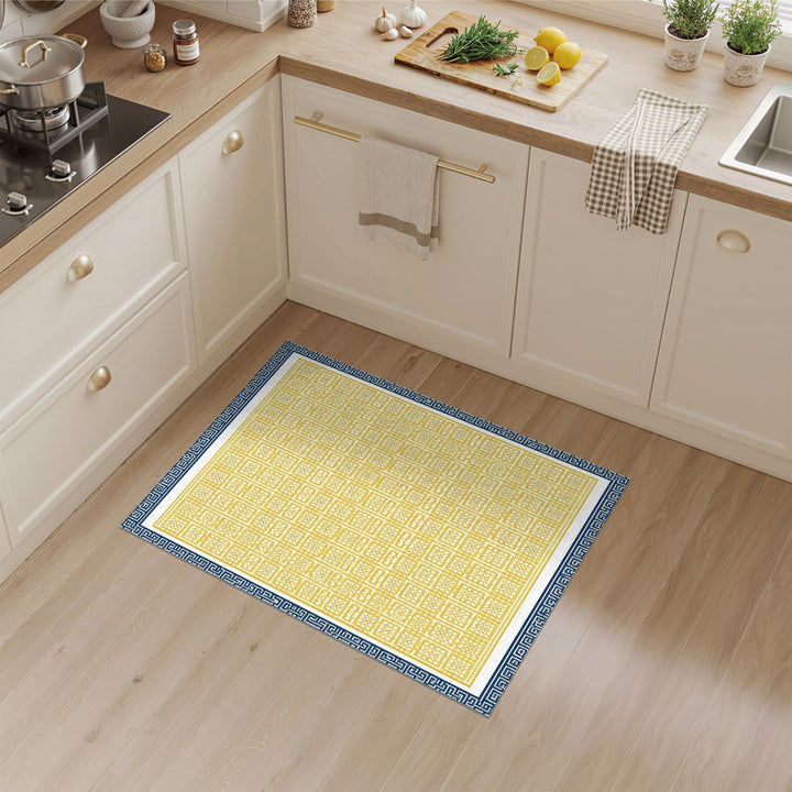 Yellow Geometric Area Rug with Blue Border