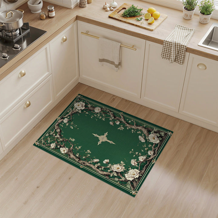 Green Floral Branch Vintage Area Rug