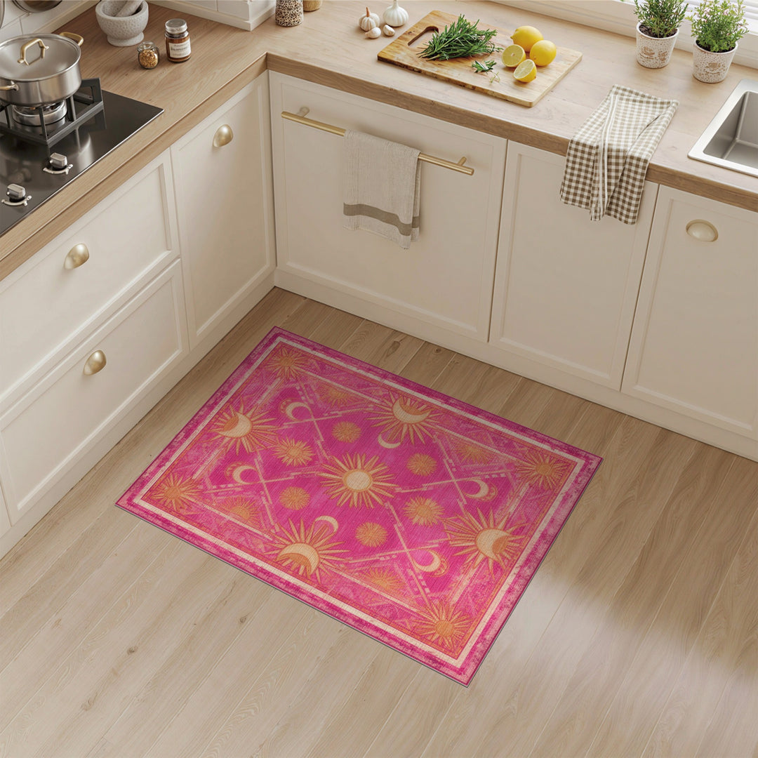 Pink Boho Sun Moon Celestial Area Rug