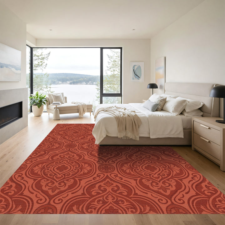 Rich Terracotta Damask Floral Medallion Rug