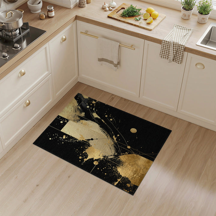 Black Gold Abstract Washable Area Rug
