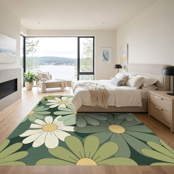 Retro Daisy Meadow Green Floral Rug