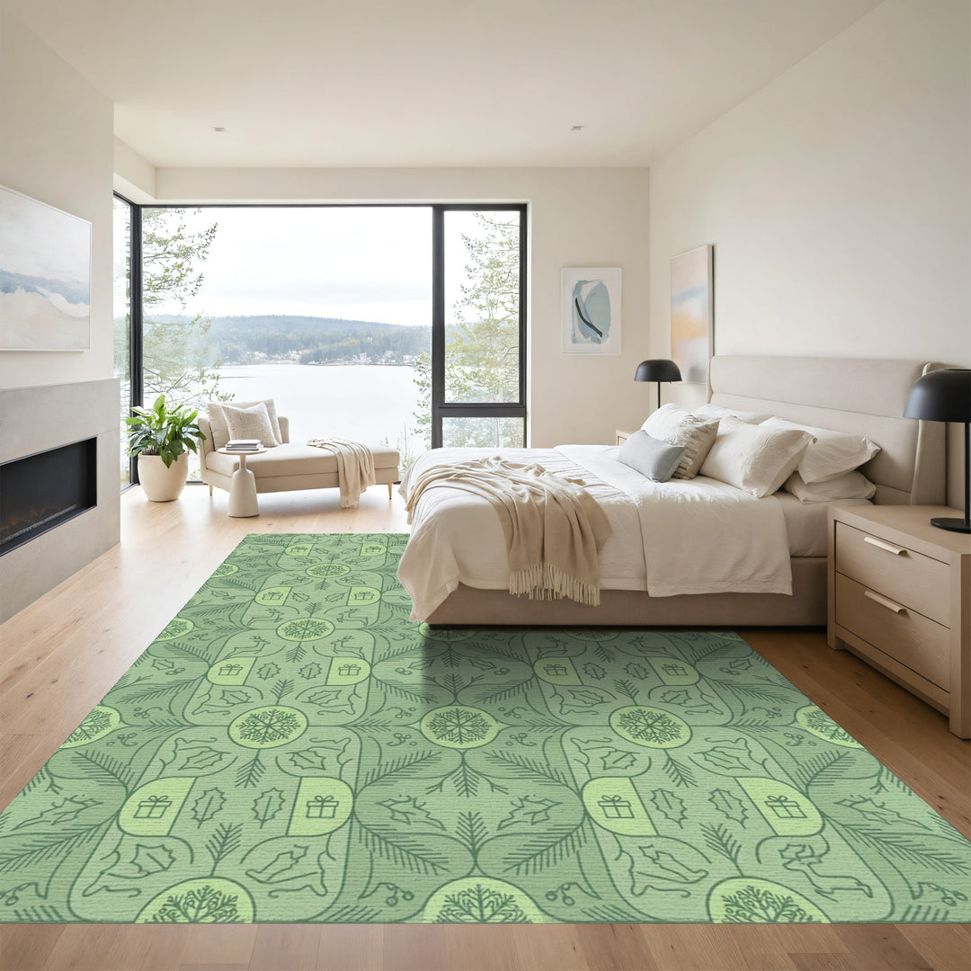 Winter Green Holly and Reindeer Snowflakes Rug