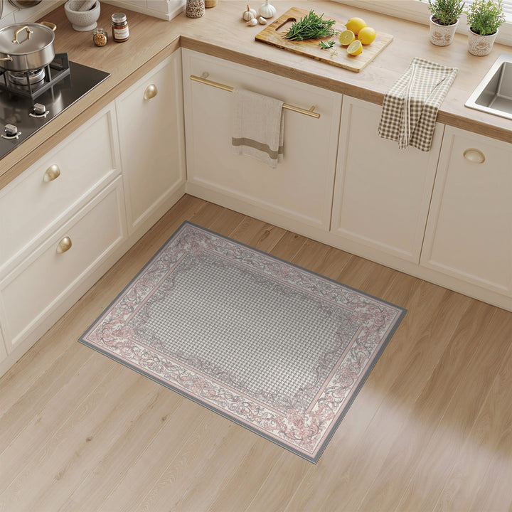 Pink Grey Floral Vintage Houndstooth Rug