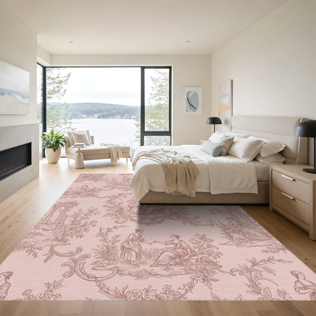 Rose Pink Toile Garden Scene Rug