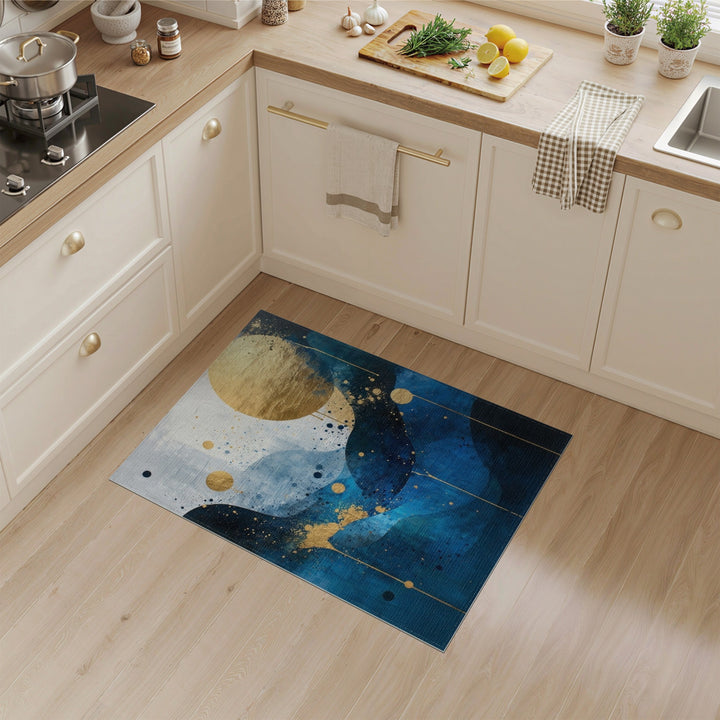 Blue and Teal Blue Gold Abstract Wave Area Rug