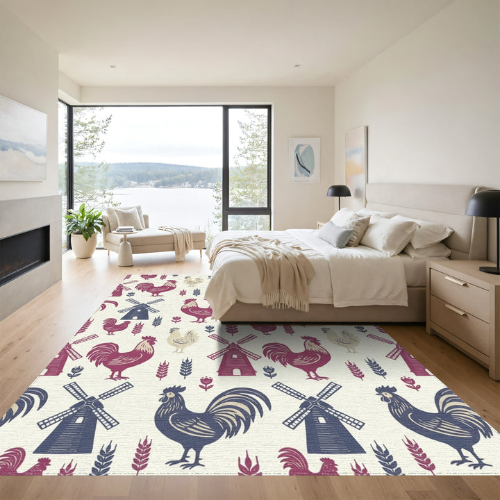 Charming Roooster Windmill Wheat Floral Arrangement Rug