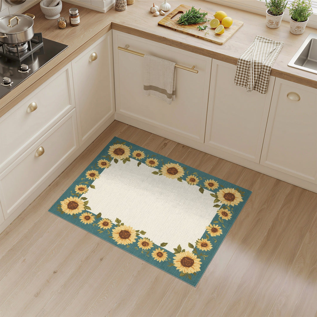 Sunflower Teal Border Area Rug