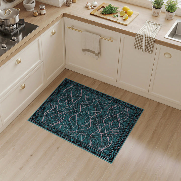 Pink Wave Scribble Teal Area Rug