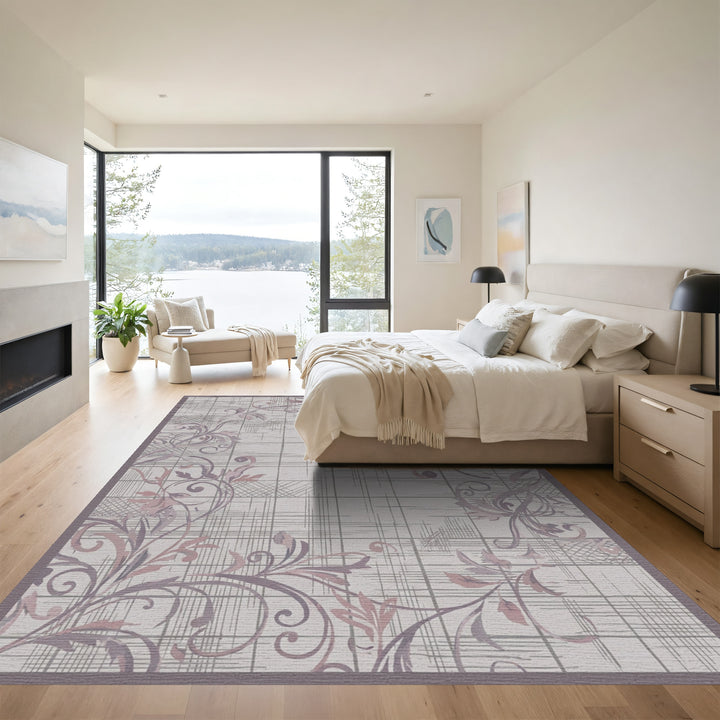 Lavender Vine with Grungy Plaid Background Rug