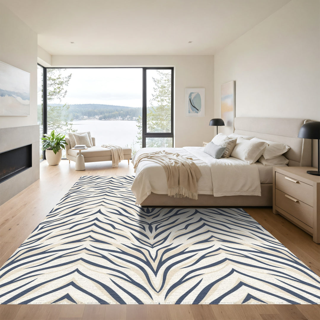 Cream And Navy Tiger Stripe Rug