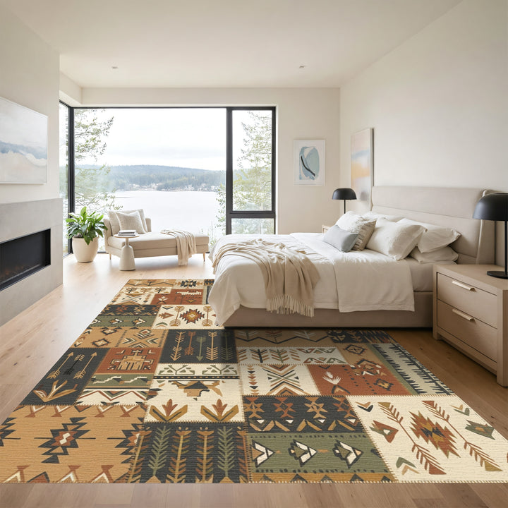 Earthy Boho Patchwork Arrow Medallion Rug