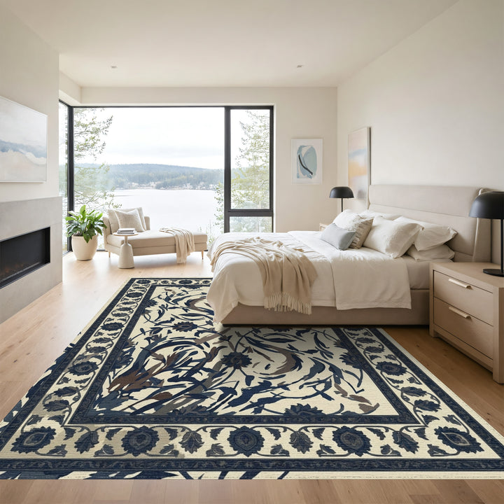 Deep Blue Floral Garden Medallion Rug