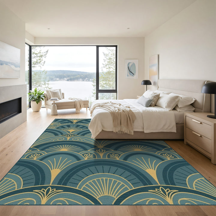 Art Deco Teal Gold Sunburst Waves Rug