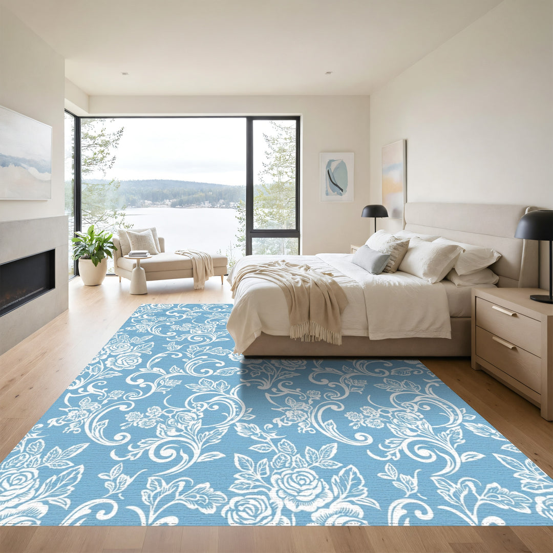 Powder Blue Rose Vine Scroll Rug