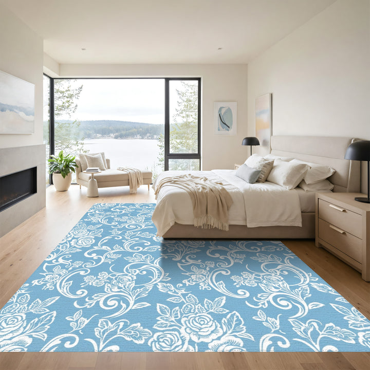 Powder Blue Rose Vine Scroll Rug