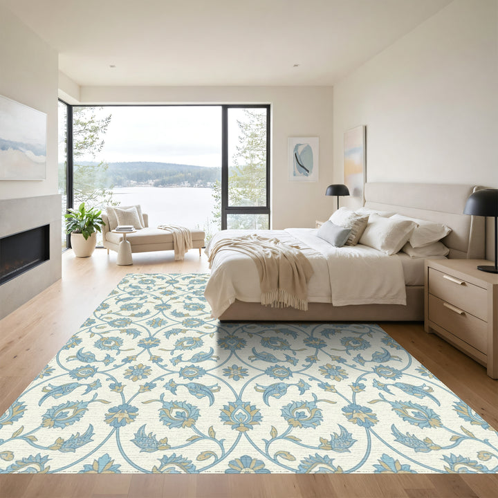 Blue Tan Floral Arabesque Scroll Rug