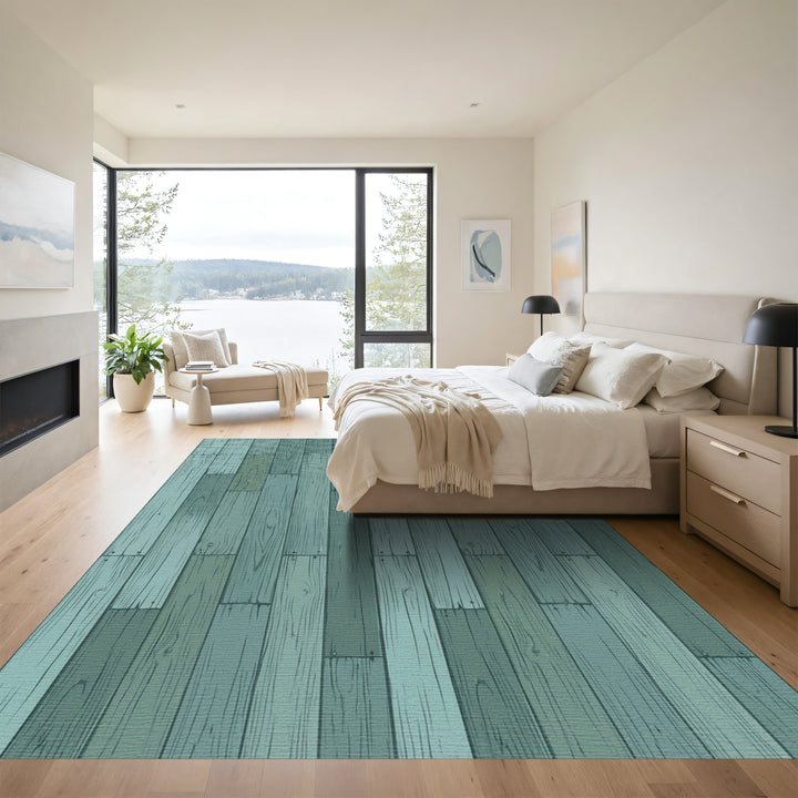 Distressed Wood Plank Teal Rug