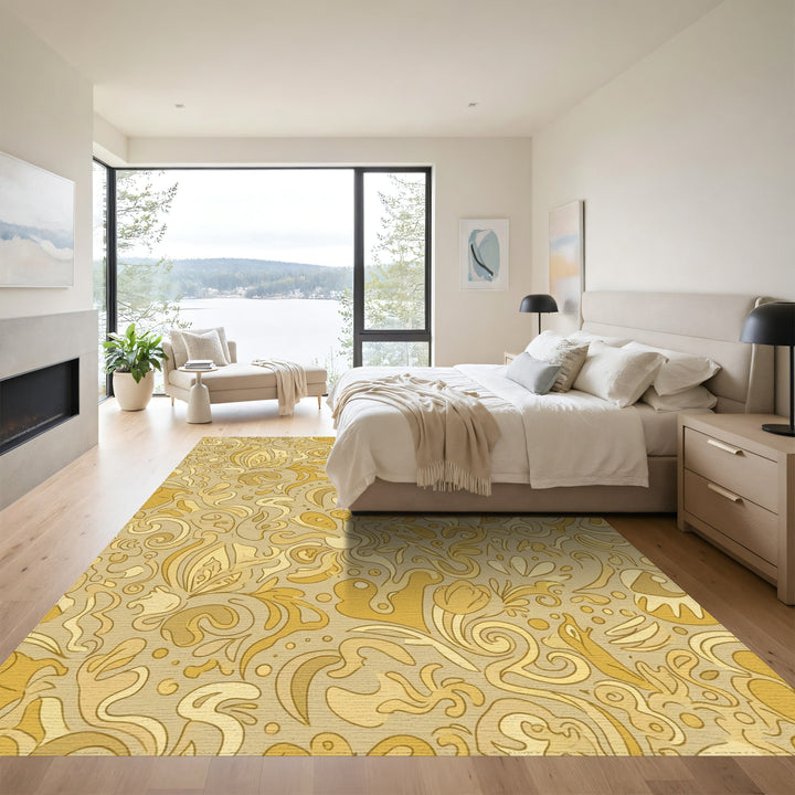 Golden Floral Swirls Abstract Rug