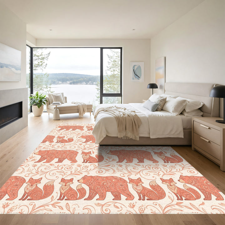 Salmon Folk Art Bear Fox Vine Repeat Rug