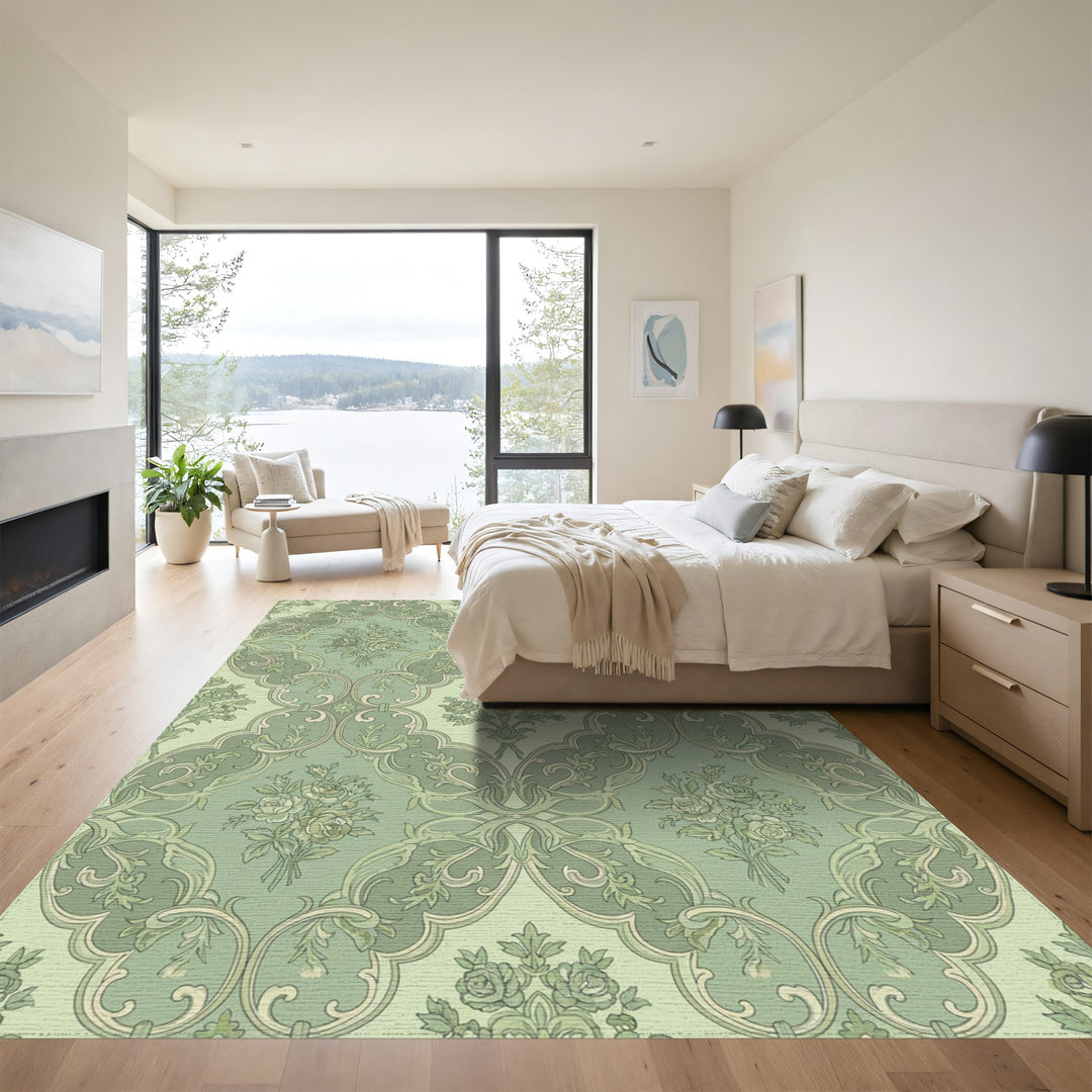Sage Green Floral Rococo Arch Rug