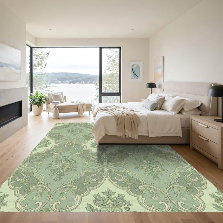 Sage Green Floral Rococo Arch Rug