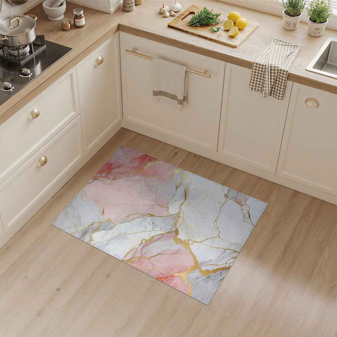 Pink Marble Gold Vein Washable Pink Area Rug