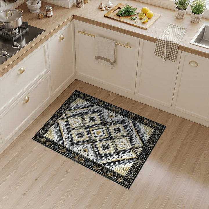 Black and White Black Gold Geometric Diamond Area Rug