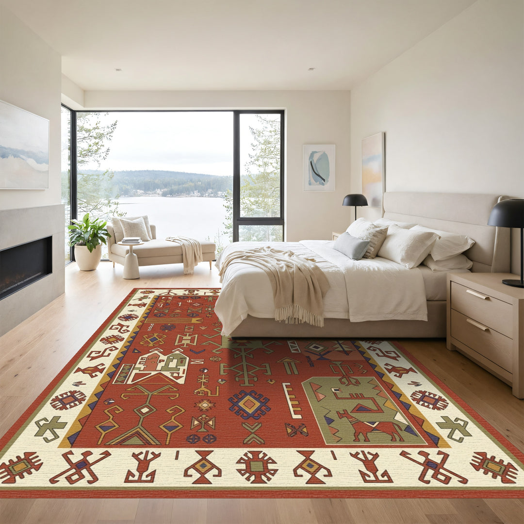 Rustic Red Geometric Cultural Allegory Rug