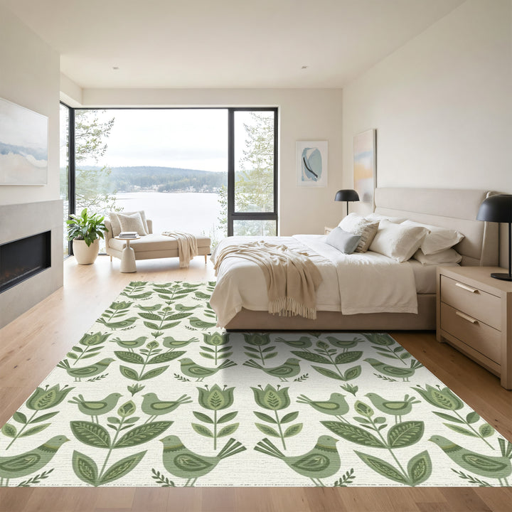 Sage Green Folk Art Bird Floral Rug