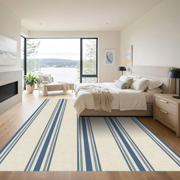Coastal Cream Blue Striped Drape Rug