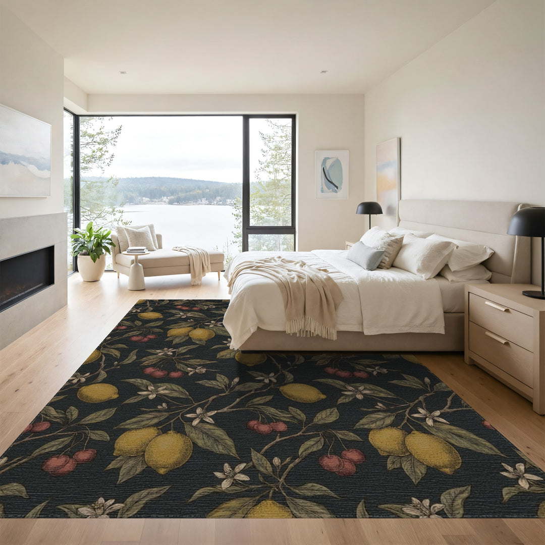 Orchard Lemons Cherries Botanical Dark Rug