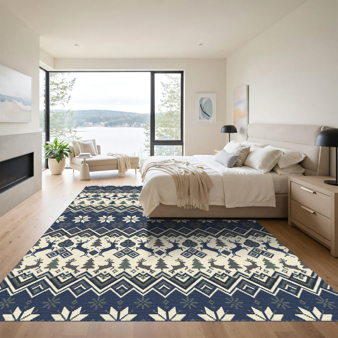 Nordic Reindeer Snowflake Geometric Stripes Rug