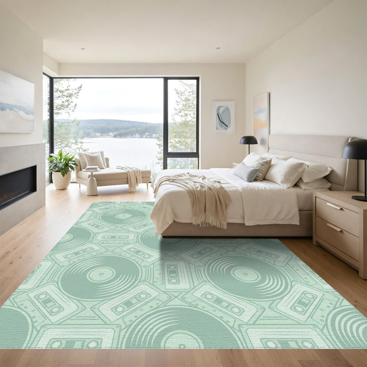 Retro Teal Vinyl Cassette Collage Rug