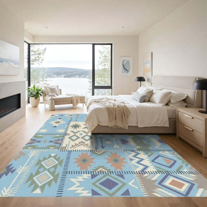 Boho Patchwork Blue Geometric Diamond Rug