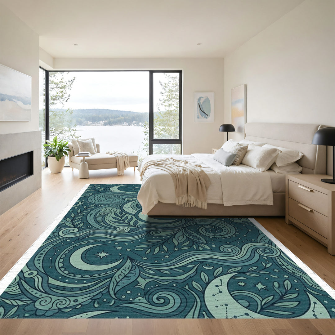 Deep Teal Celestial Moon Waves Rug
