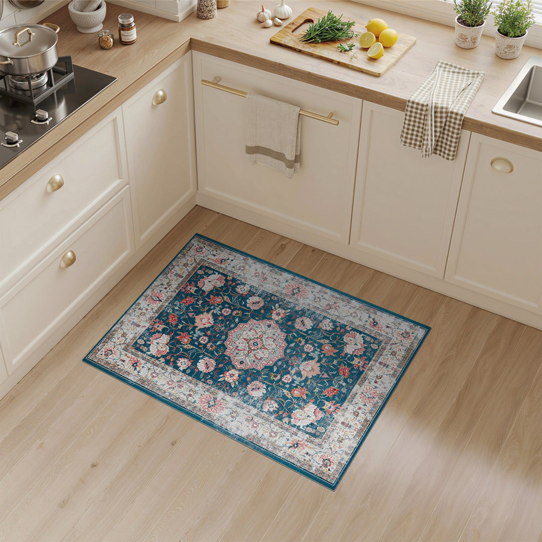 Navy Blue Floral Vintage Area Rug