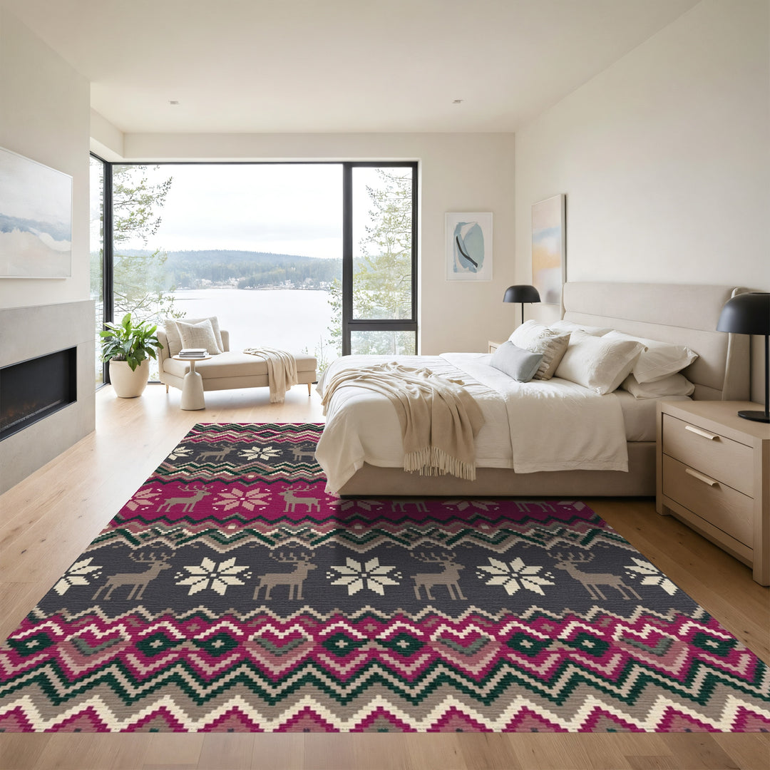 Winter Reindeer Snowflake Geometric Stripe Rug