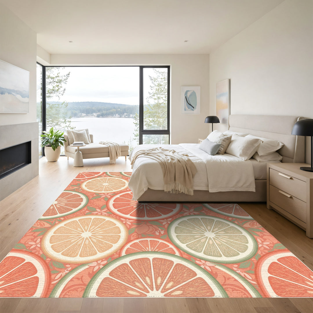 Coral Citrus Slice Botanical Arrangement Rug