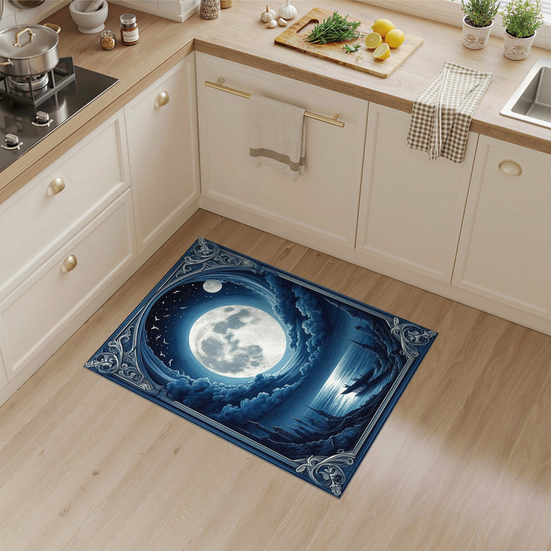 Blue Moonlit Coastal Ruins Area Rug