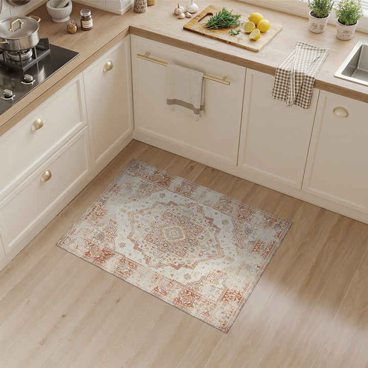 Beige and Neutral Distressed Vintage Beige Medallion Area Rug
