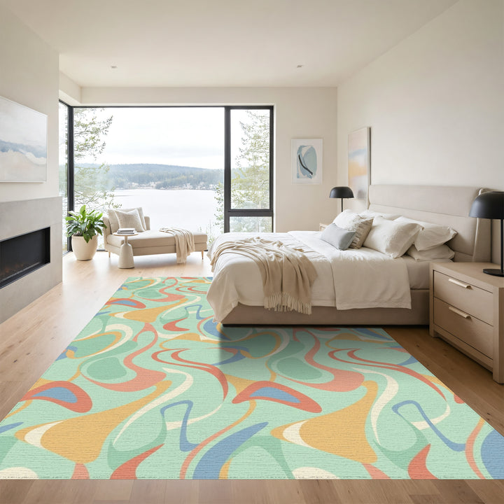 Retro Swirl Abstract Peach Blue Cream Rug