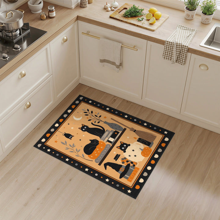 Multi-color and Patterns Black Cat Halloween Washable Area Rug