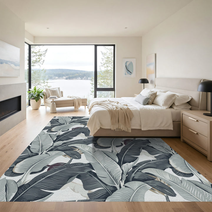Monochrome Tropical Banana Leaf Lush Rug