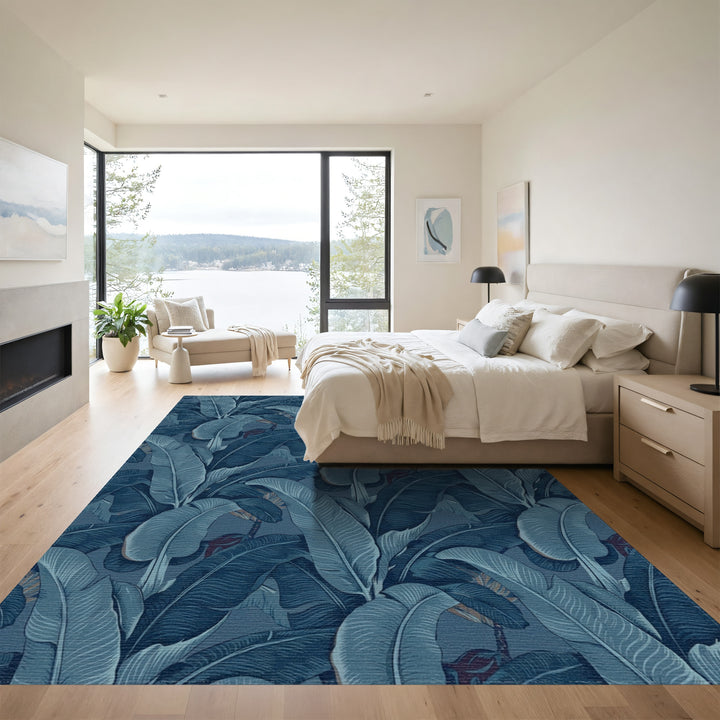 Deep Blue Banana Leaf Botanical Rug