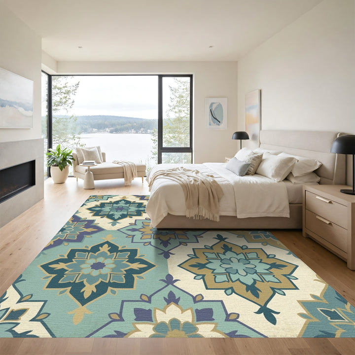 Teal Blue Gold Floral Lattice Rug