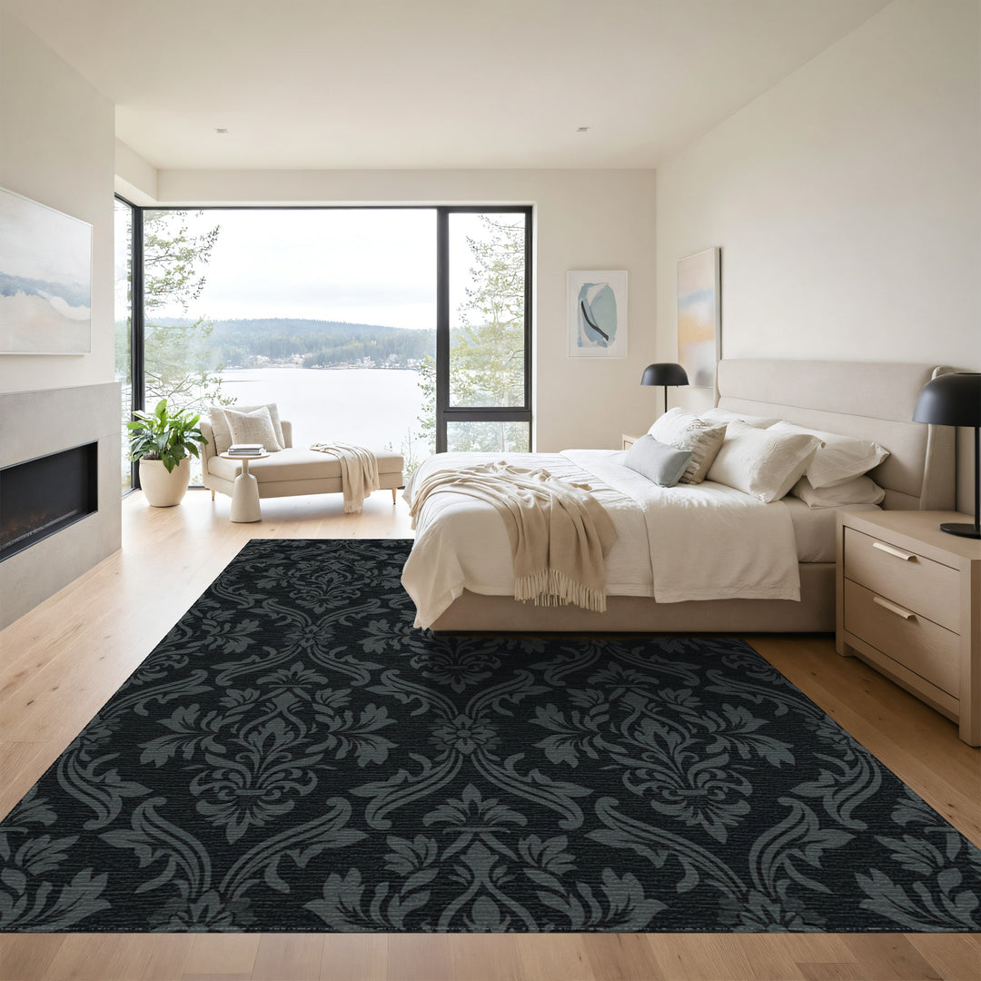 Dark Charcoal Damask Floral Arrangement Rug