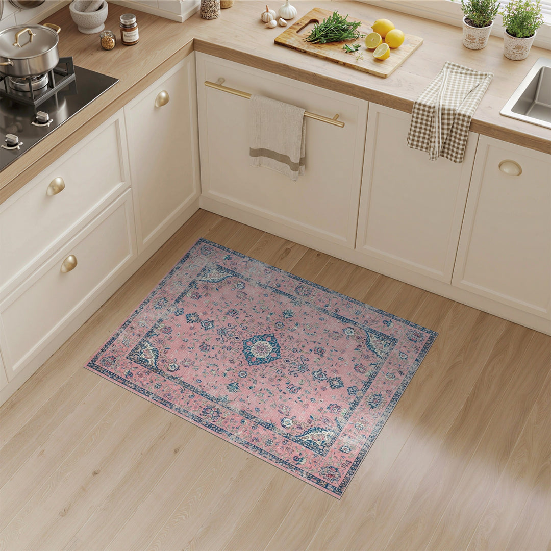 Pink Distressed Vintage Floral Area Rug