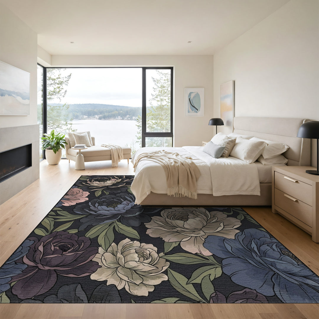 Dark Floral Peony Garden Rug